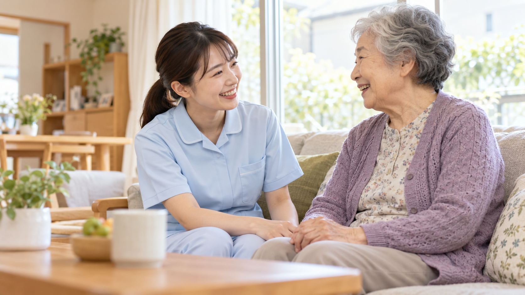 自宅で会話する高齢者と訪問介護スタッフ